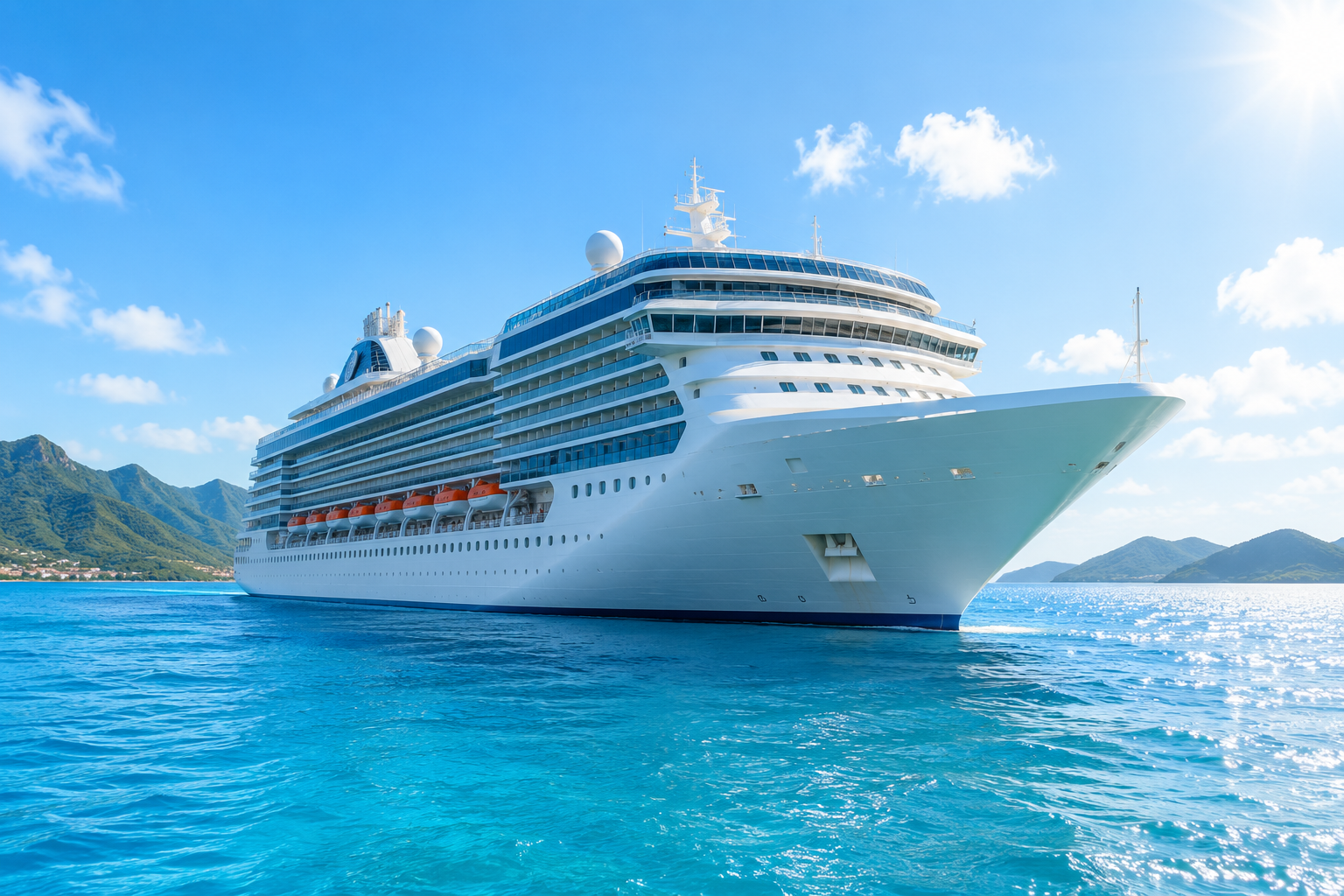 Large cruise ship sailing in bright blue water